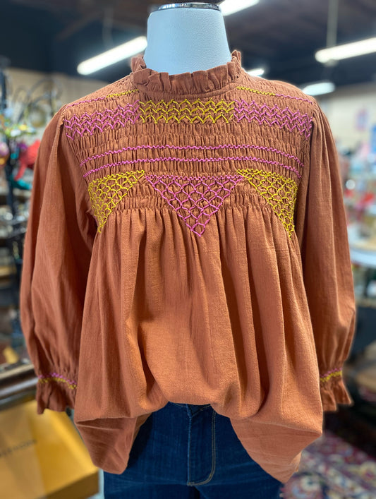Smocked in Triangles Rust Top