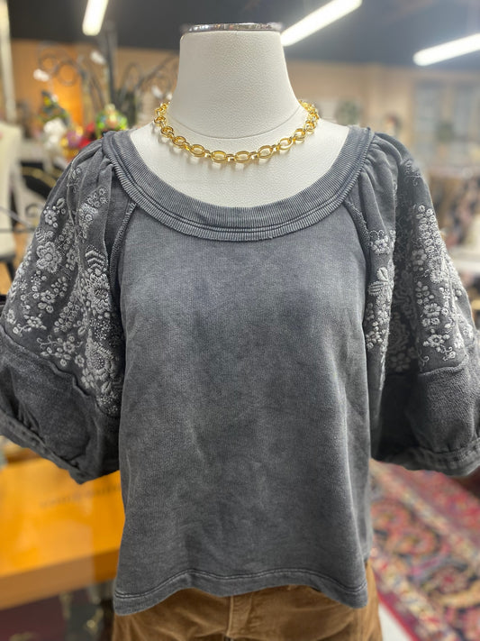 Knit Top in Charcoal with Embroidery Sleeves