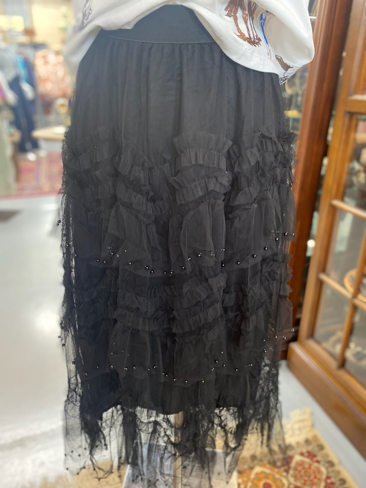 Tiered Ruffle Tulle Skirt with Black Pearls