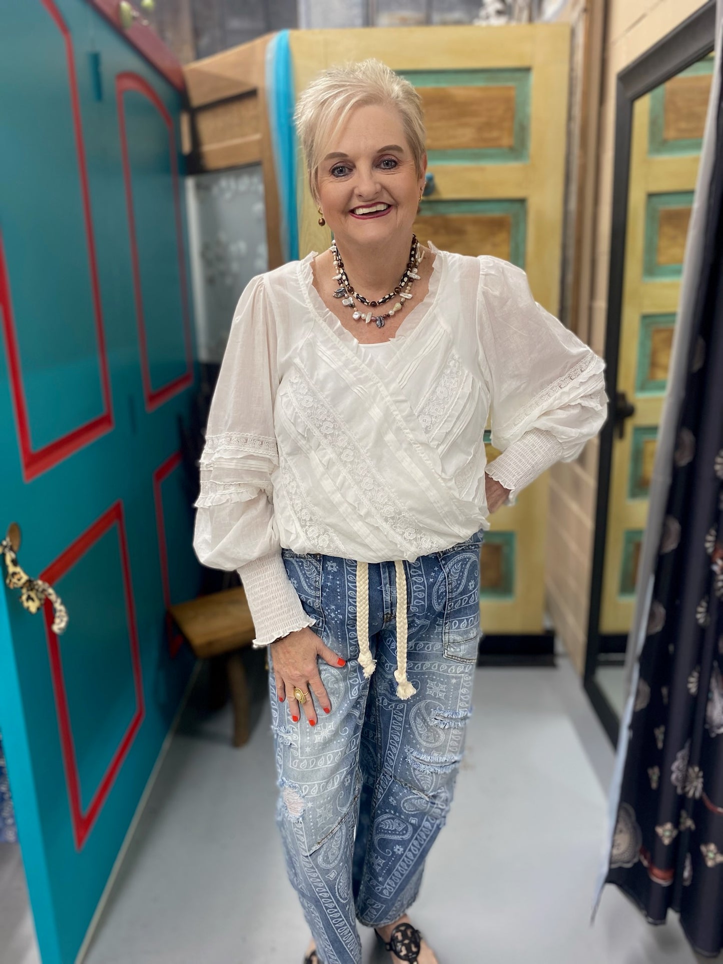 Washed Paisley Denim Pants