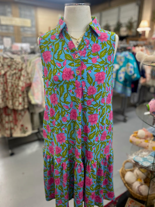 Resort Dress in Aqua and Pink with Pockets