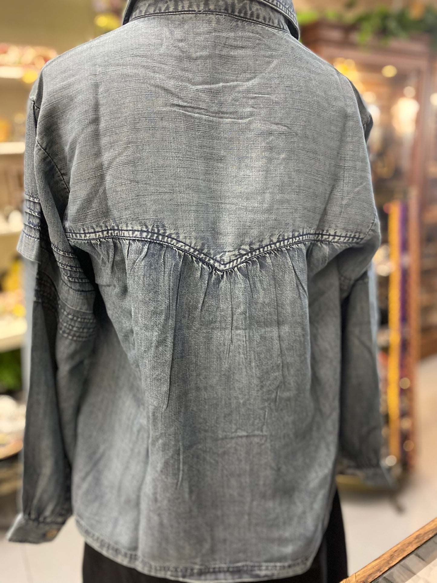 Tuck Sleeve Popover Top in Denim