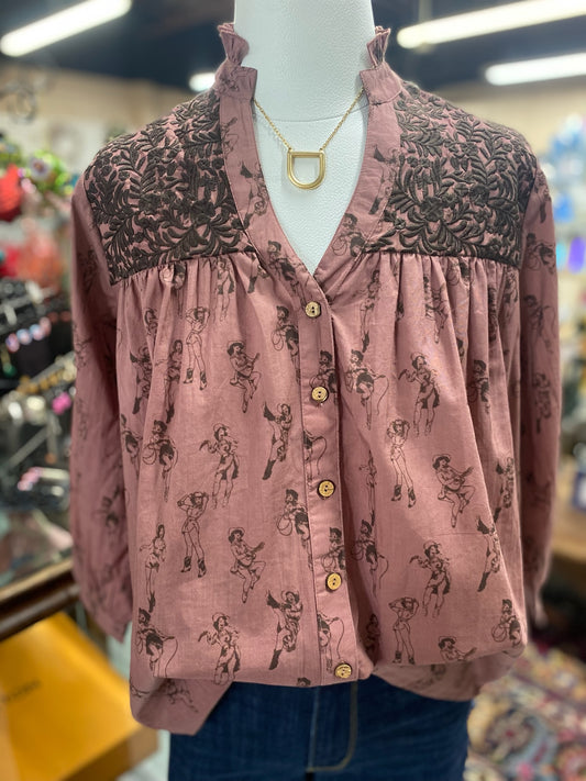 Janie Cowgirl Top in Brown with Wood Buttons