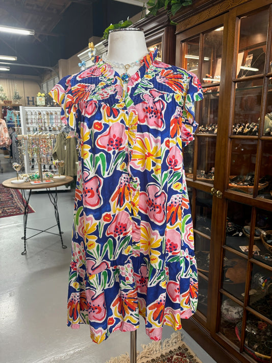 Floral Mini Dress in Blue with Pockets
