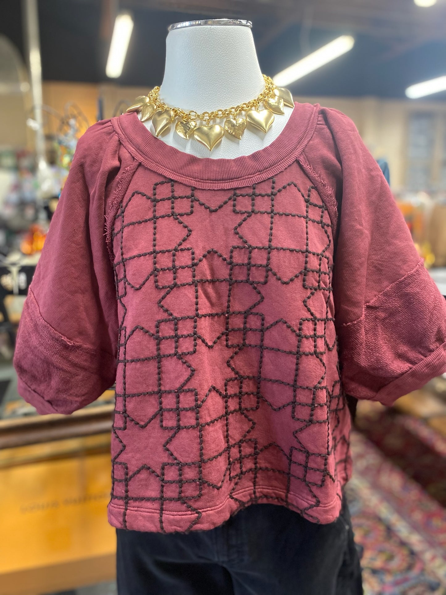 Quilted Pattern Knit Top in Berry