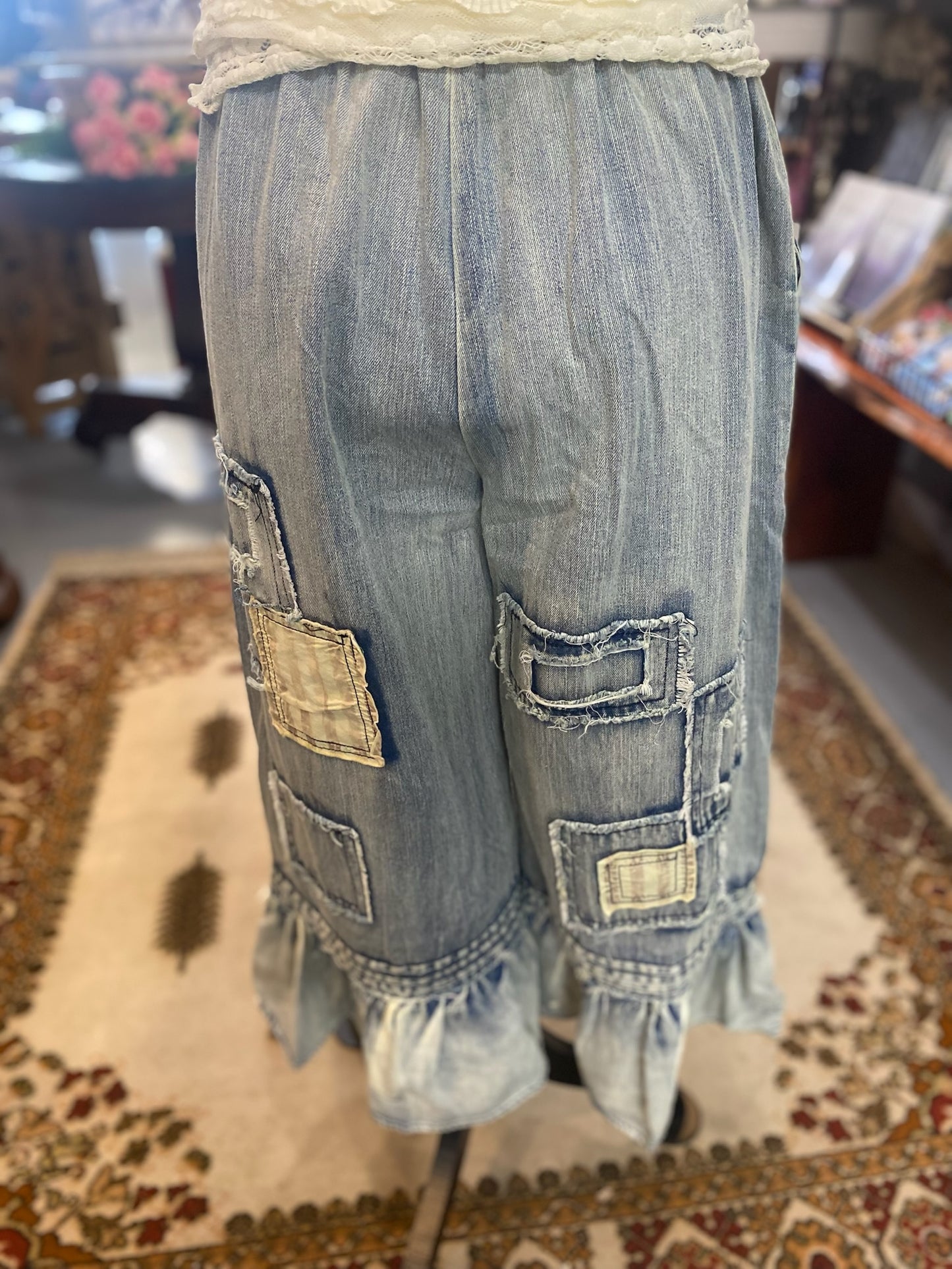 Embroidery Patchwork Capri’s with Pockets and Drawstring