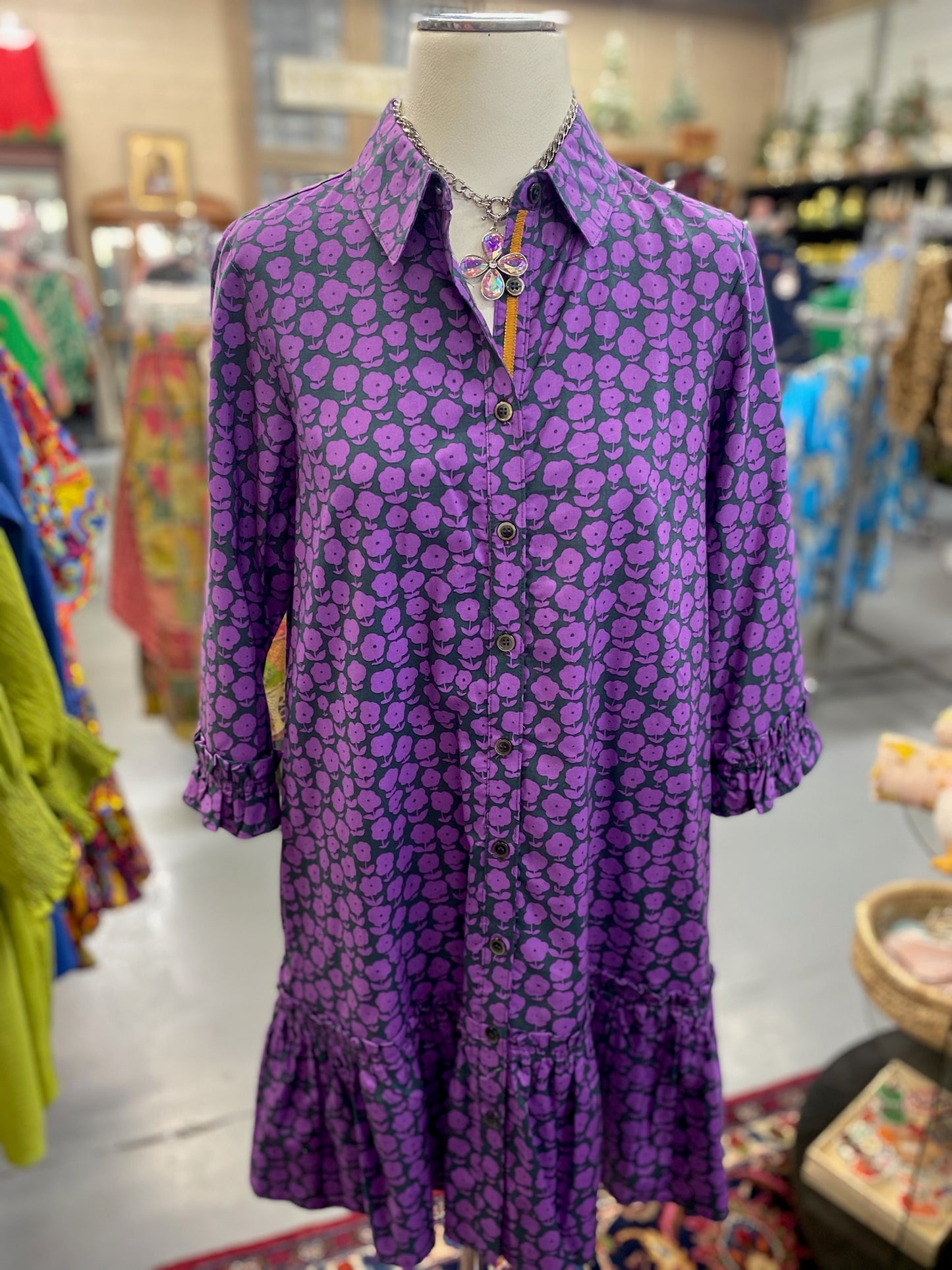 Puffy Daisy Dress Navy and Purple with Pockets