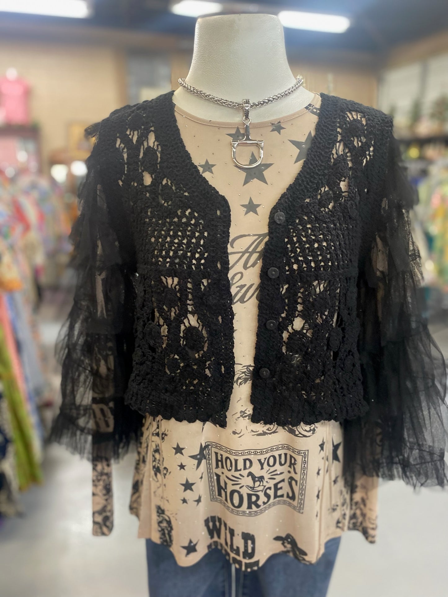 Crochet Cropped Vest in Black