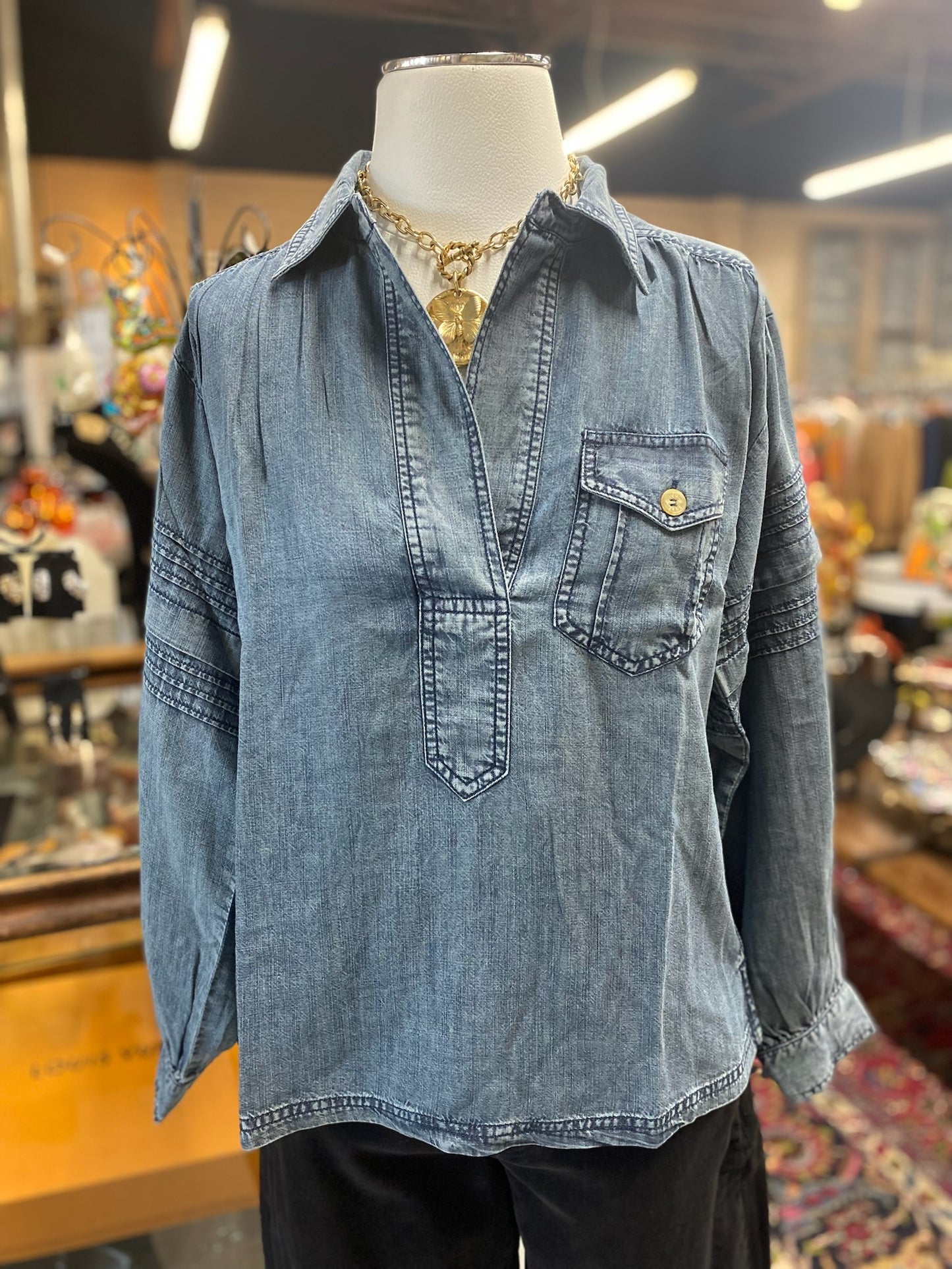 Tuck Sleeve Popover Top in Denim