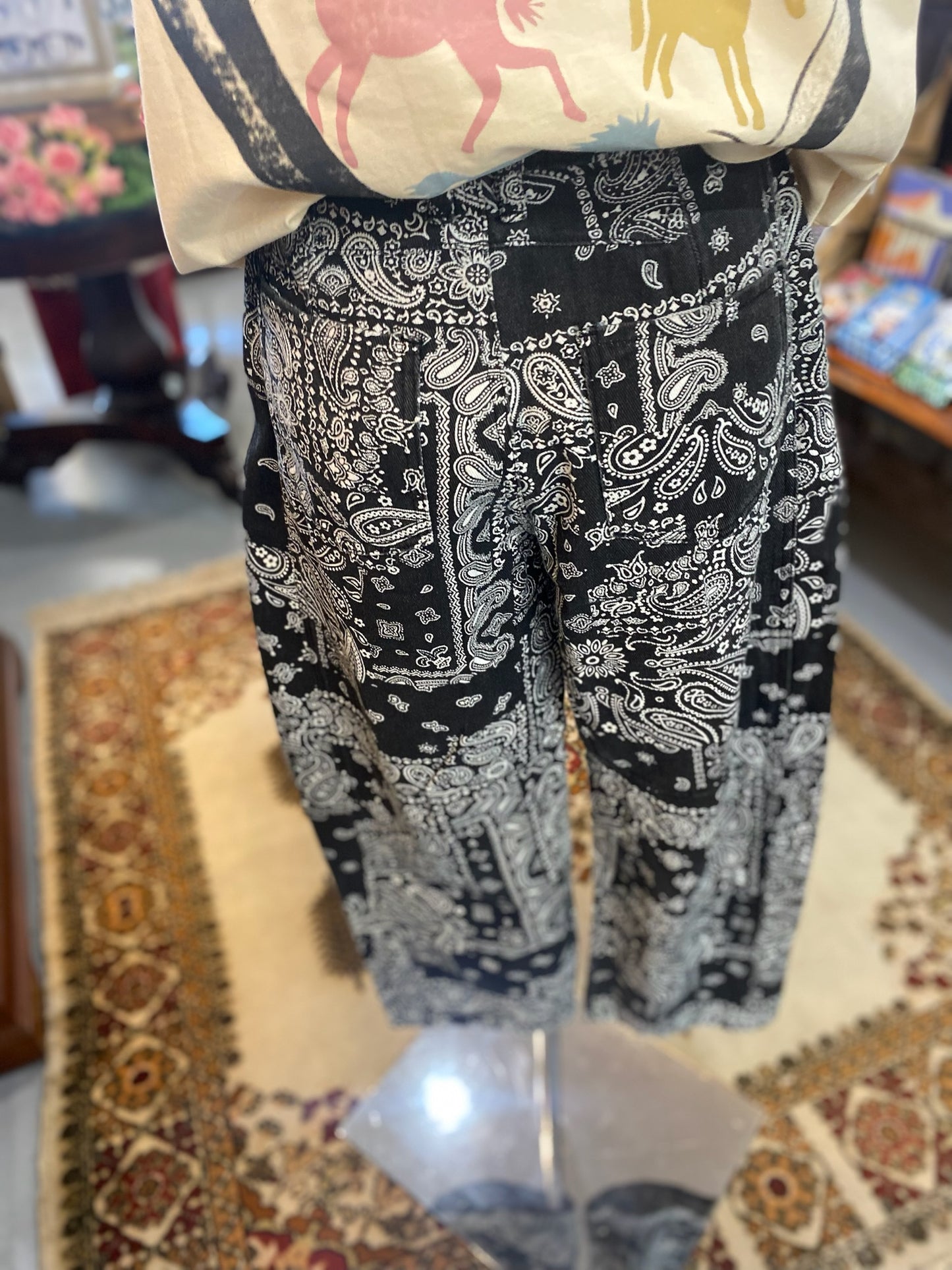 Bandana Print Denim Barrel Pants in Black