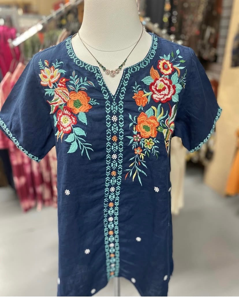 Heather Top in Navy with Embroidery