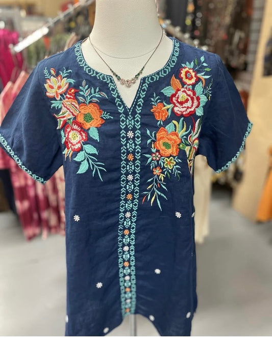 Heather Top in Navy with Embroidery