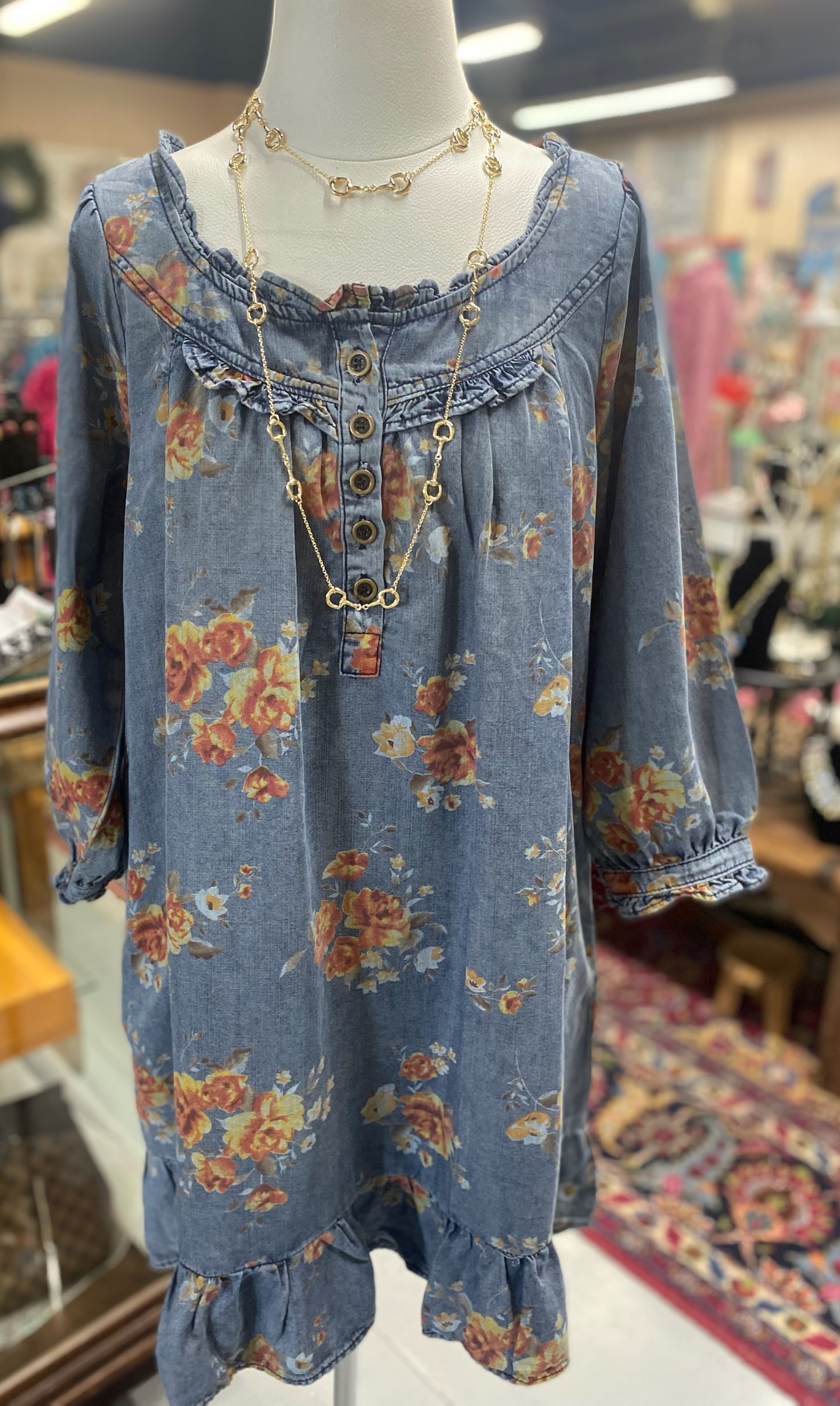 Washed Denim Floral Dress with Pockets
