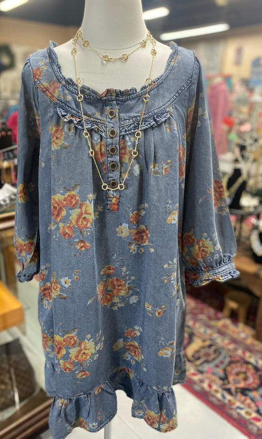 Washed Denim Floral Dress with Pockets