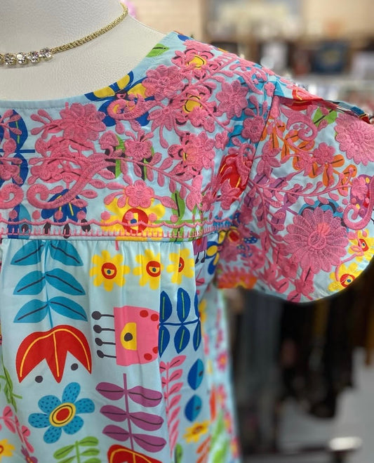 Butterfly Top with Embroidery Flutter Sleeves