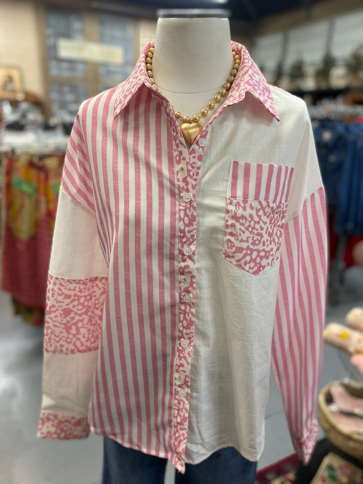 Pink Stripe Leopard Top button down with pocket