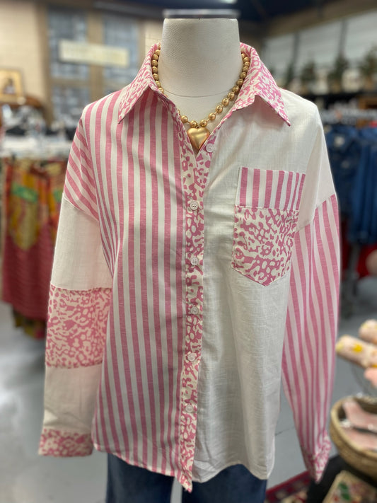 Pink Stripe Leopard Top button down with pocket