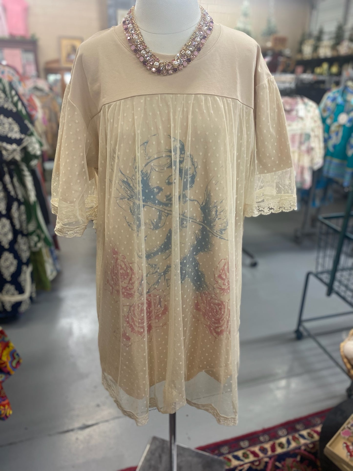 Angel Printed Layered Dress with pockets