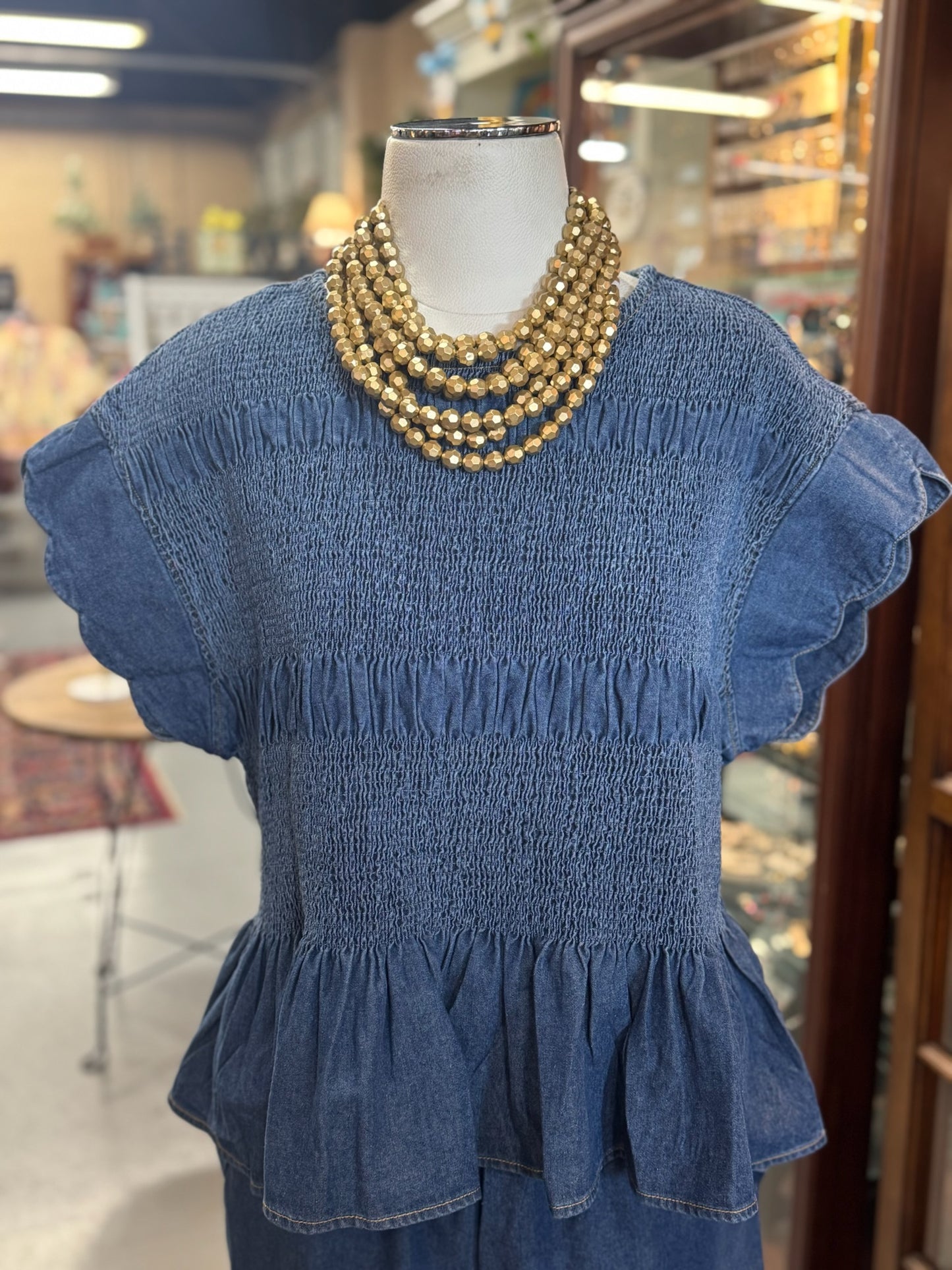 Chambray Scalloped Smocked Top