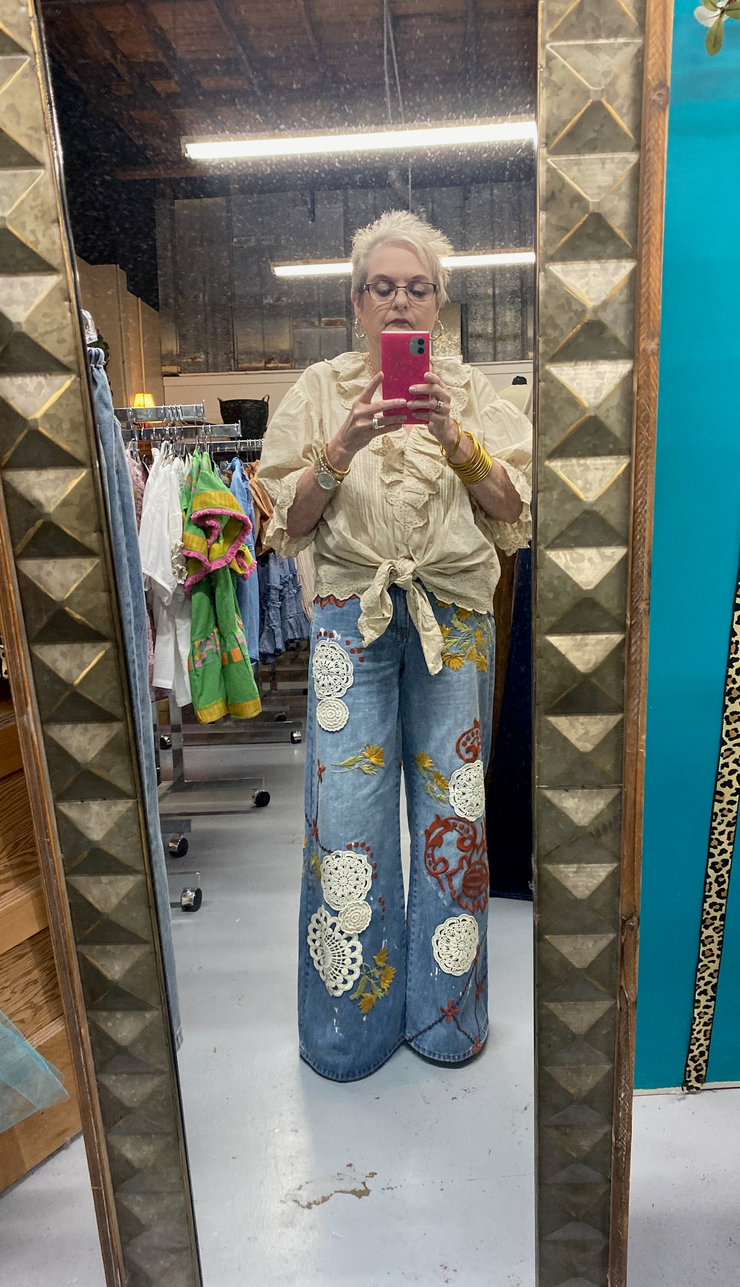 Washed Embroidery Wide Leg Denim Pants