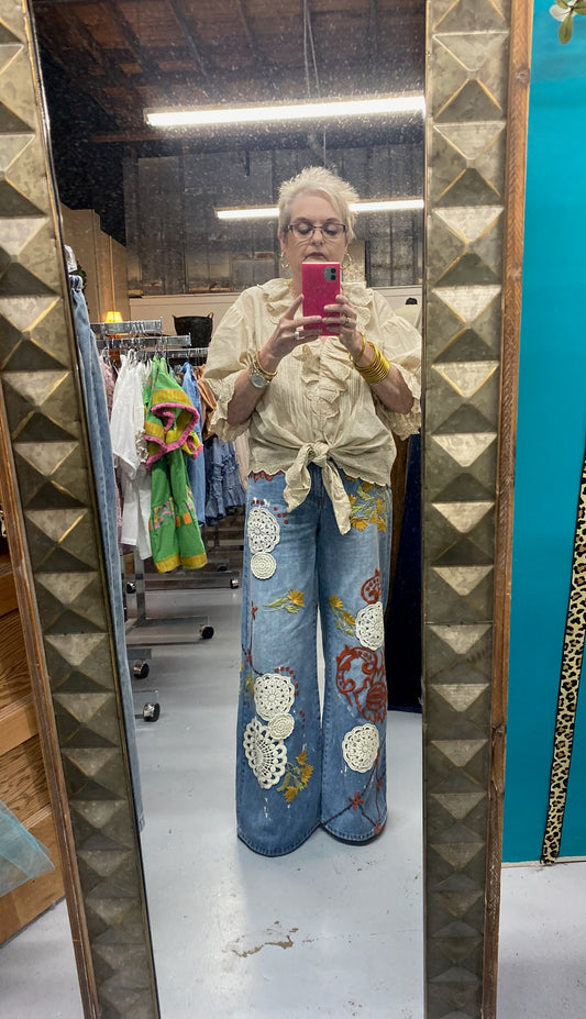 Washed Embroidery Wide Leg Denim Pants