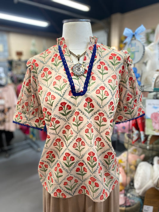 Haley Top Red Floral with Royal Blue Lace