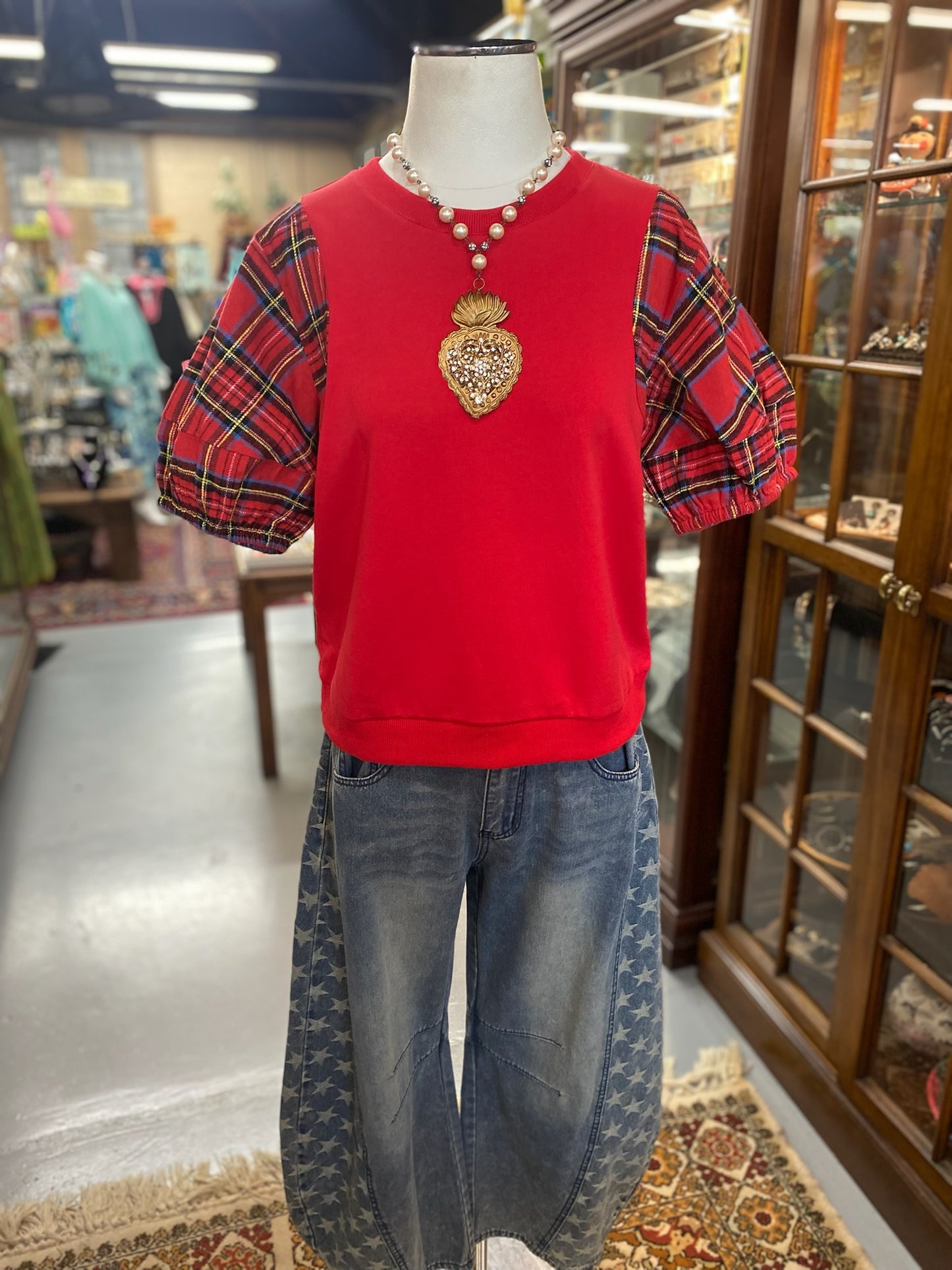 Red Plaid Sleeve Top