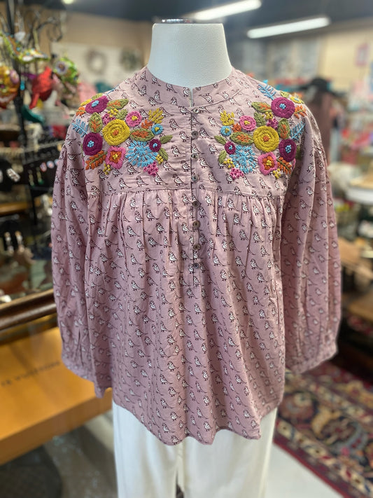 Edna Plum Bird Top with Embroidery