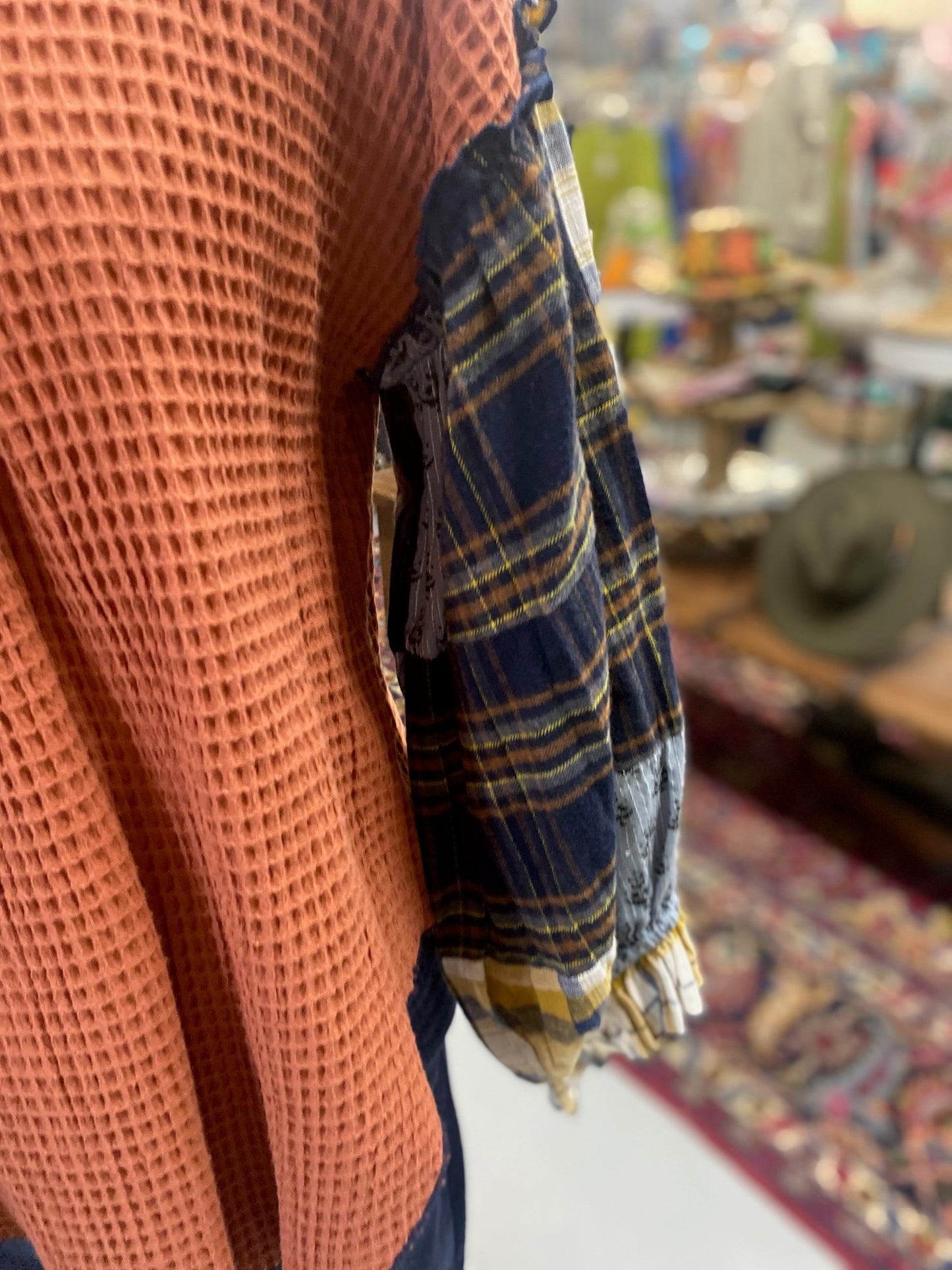 Tammy Top in Rust patch sleeves with Flannel wooden buttons