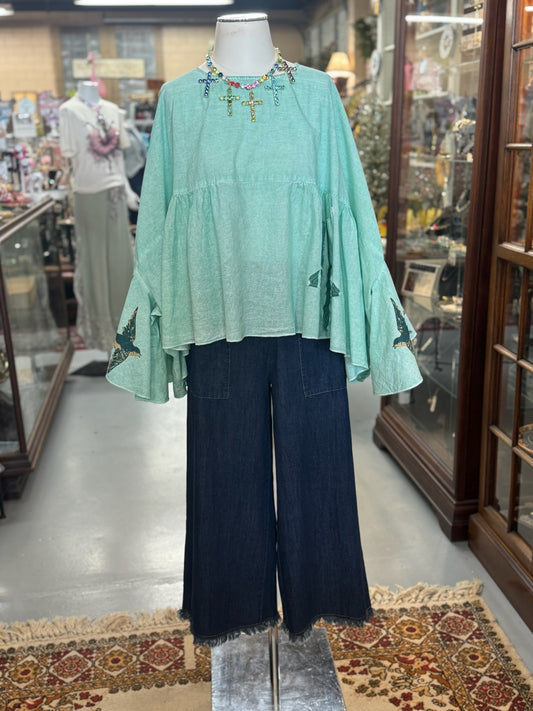 Stitch Detail Denim Pants with elastic waist and pockets
