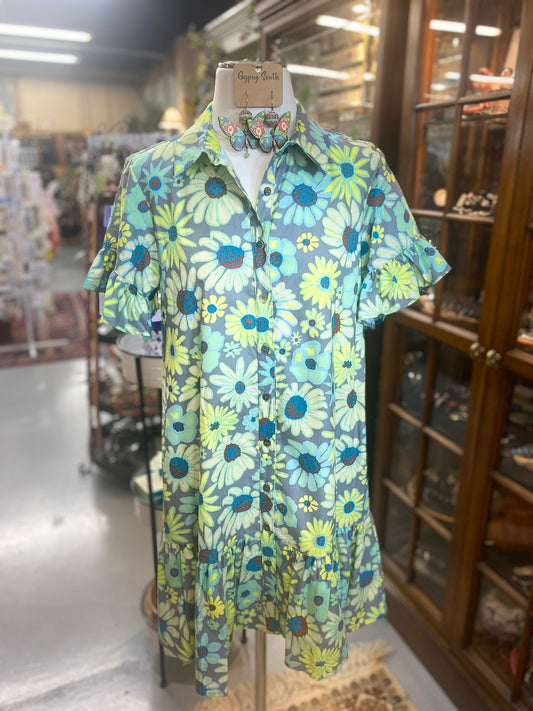 Neon Blooms Shirt Dress with Pockets