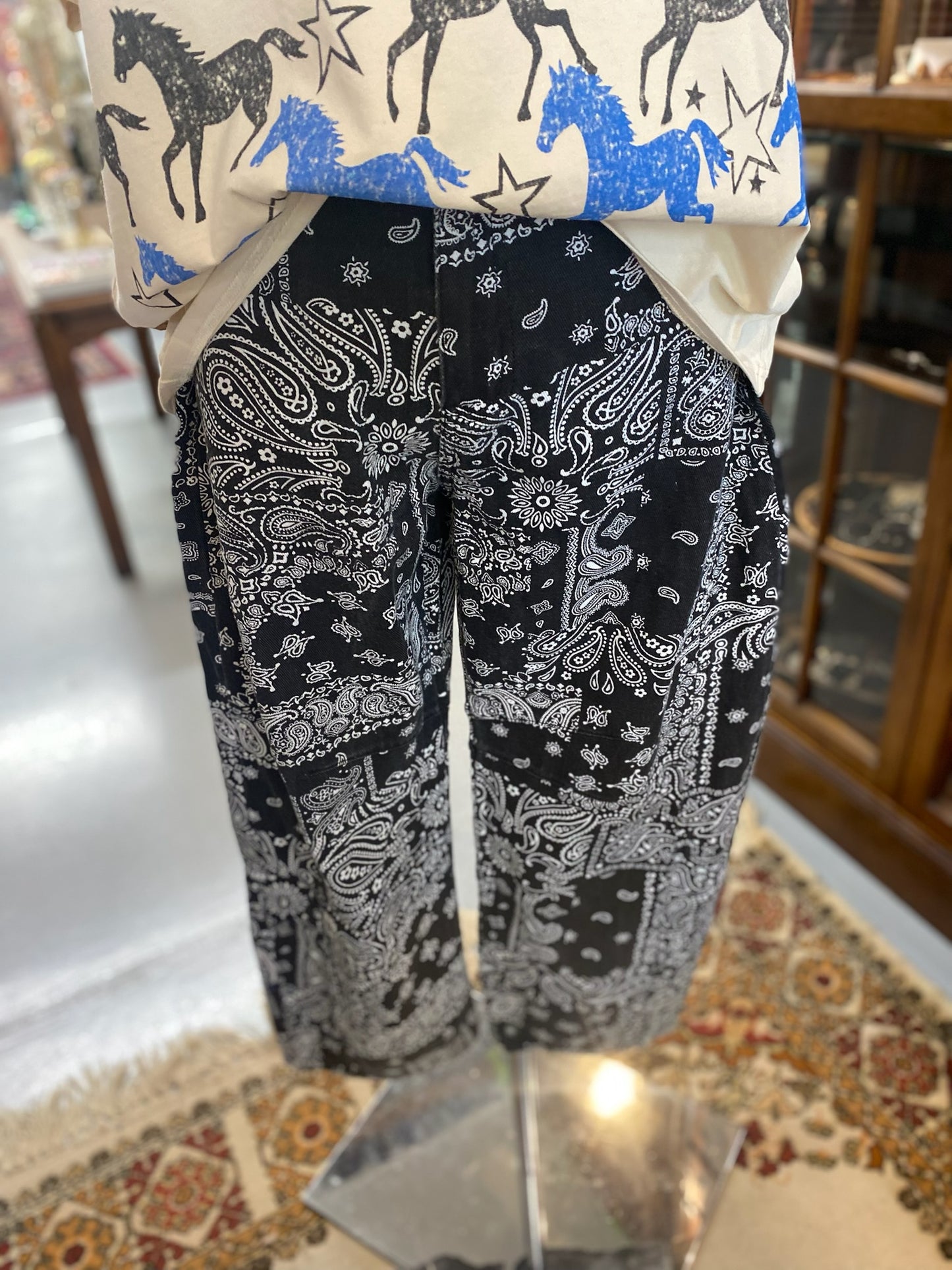Bandana Print Denim Barrel Pants in Black