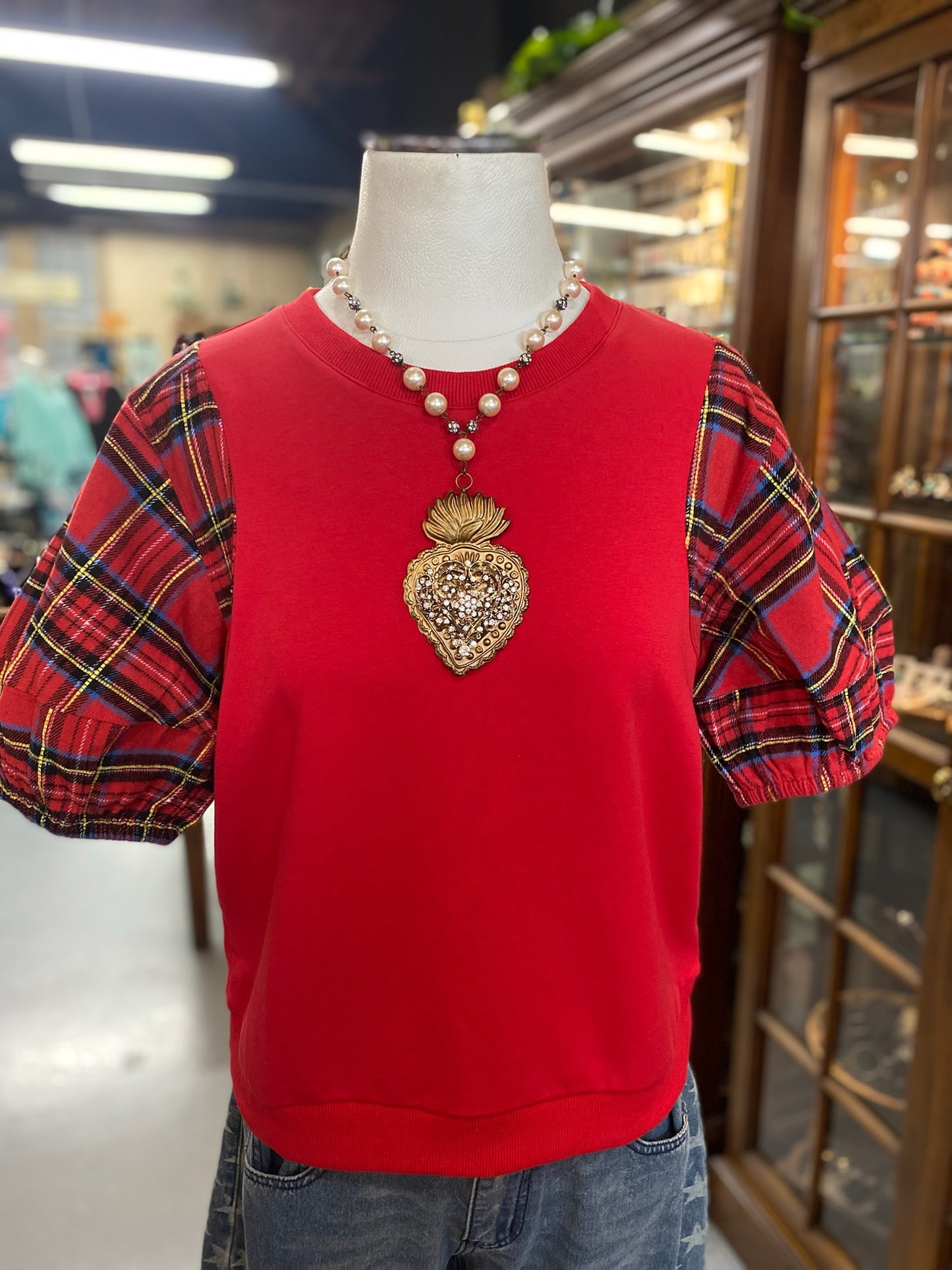 Red Plaid Sleeve Top