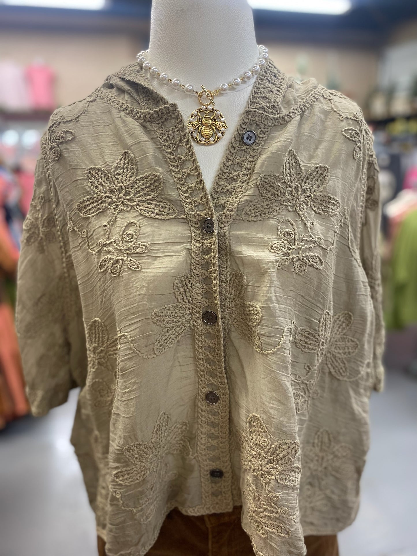 Crochet Top with Hoodie in Taupe