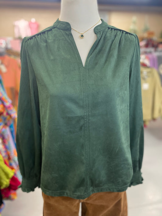 Long Sleeve Suede Top in Hunter Green