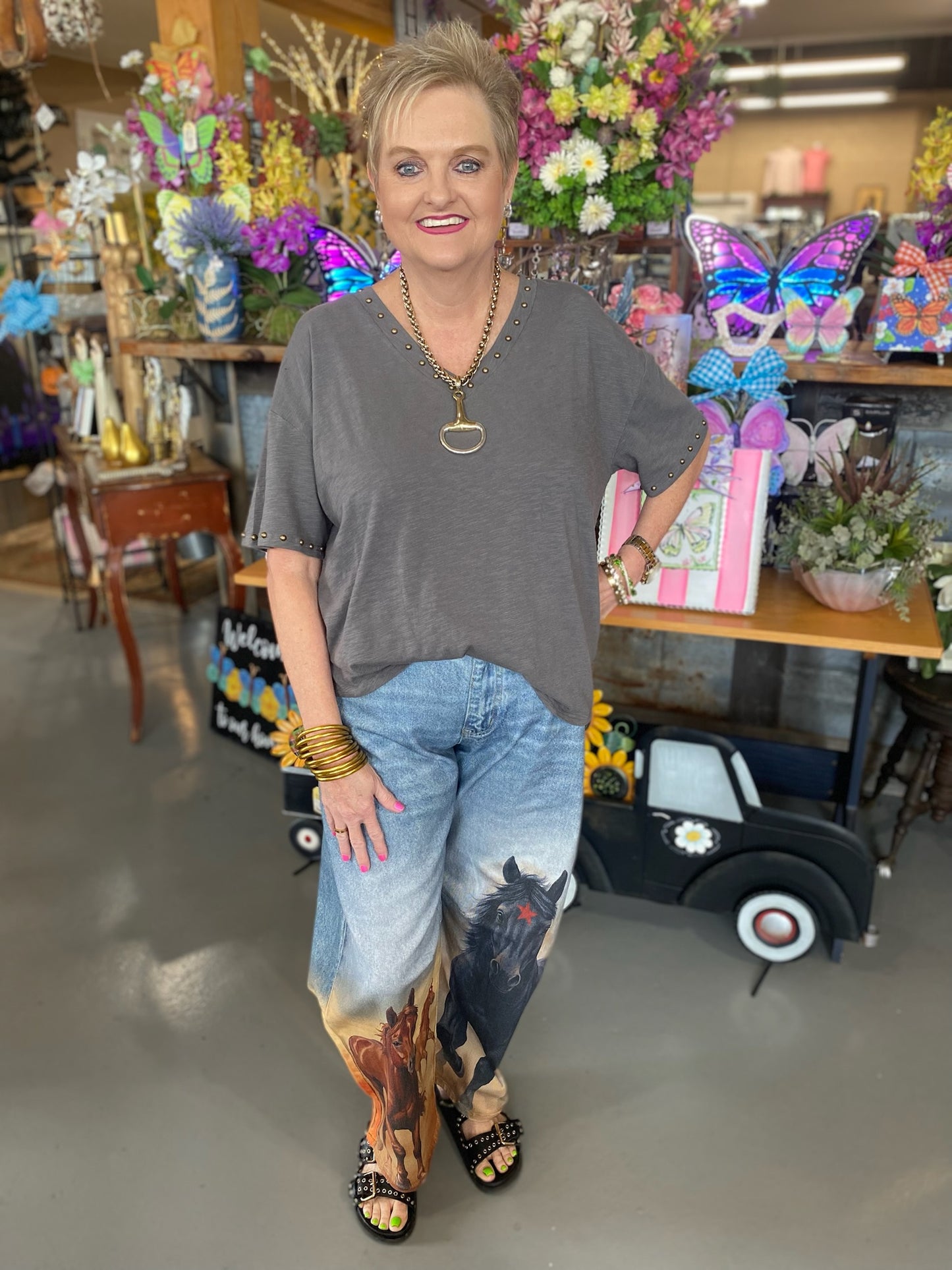 Horse Printed Barrel Denim Jeans