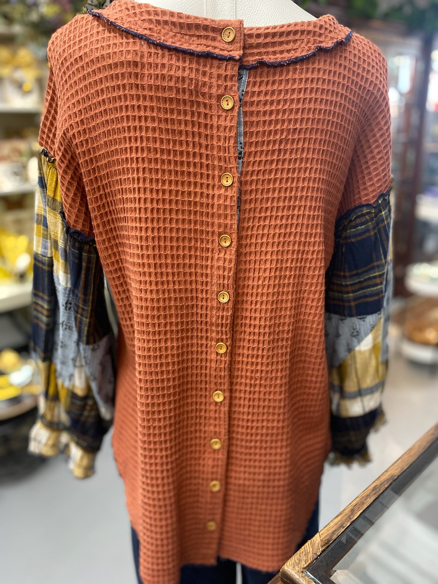 Tammy Top in Rust patch sleeves with Flannel wooden buttons