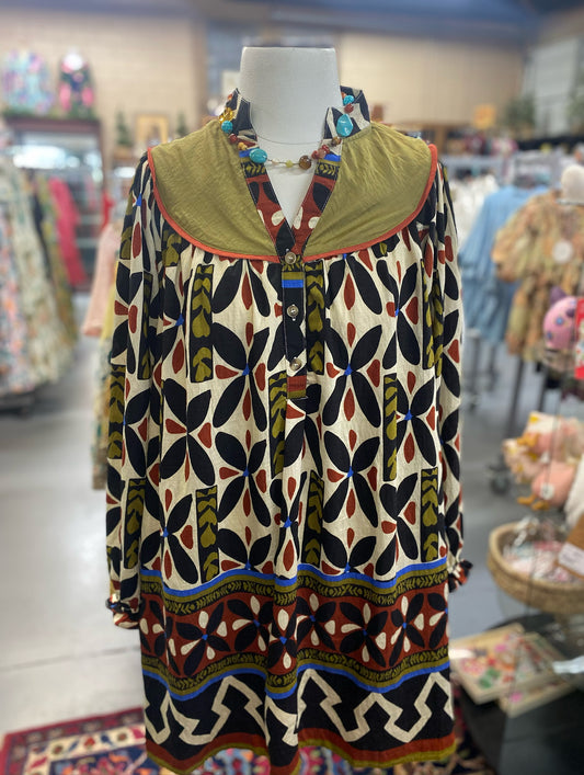 long sleeve abstract print dress with olive collar and bold fall colors