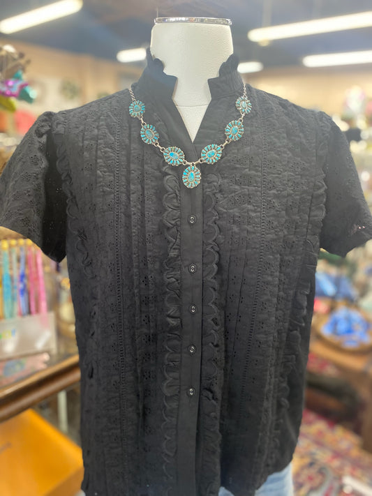 black eyelet short sleeve button down with ruffle detail