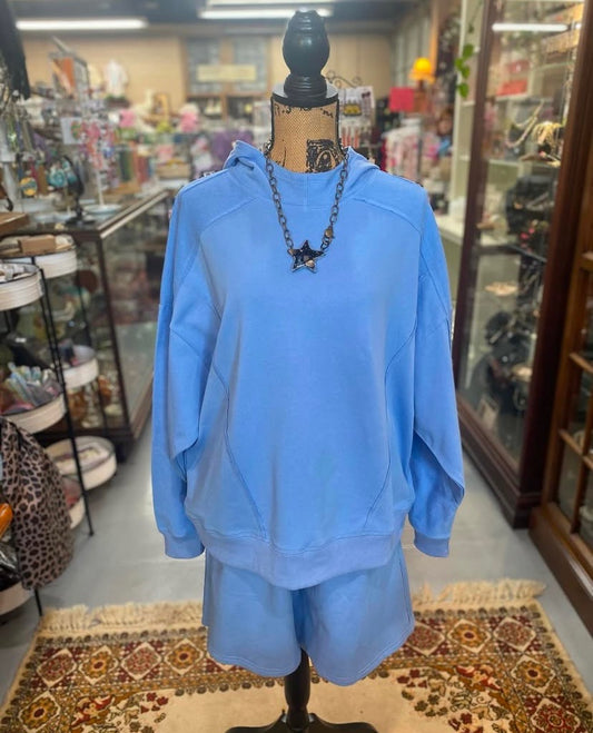 lightweight blue cotton hoodie displayed on mannequin, matching shorts sold separately
