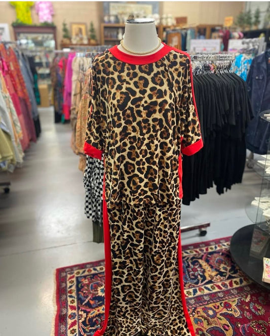 leopard print top and pants set with red trim