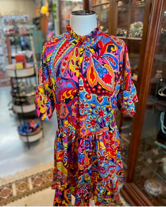 Multi-color paisley print polyester dress with pockets on display.