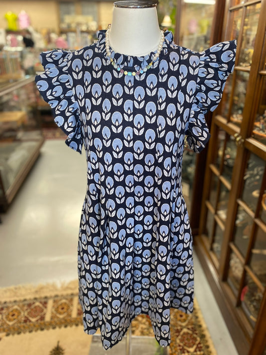 navy dress with light blue tulip print and ruffle sleeves