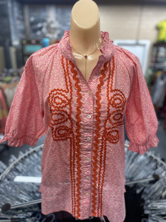 pink cotton blouse with orange rick rack trim and puff sleeves