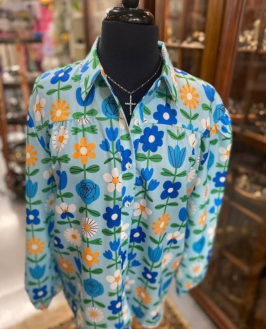 blue retro floral long sleeve button down shirt with daisy print