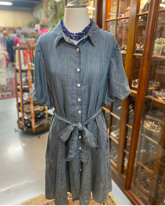 button-front chambray dress with tie waist and short sleeves